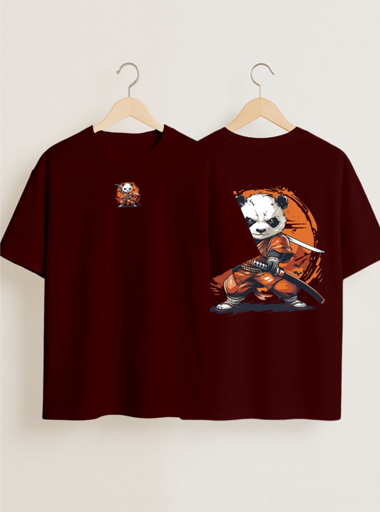 Samurai Panda Maroon Oversized T-shirt