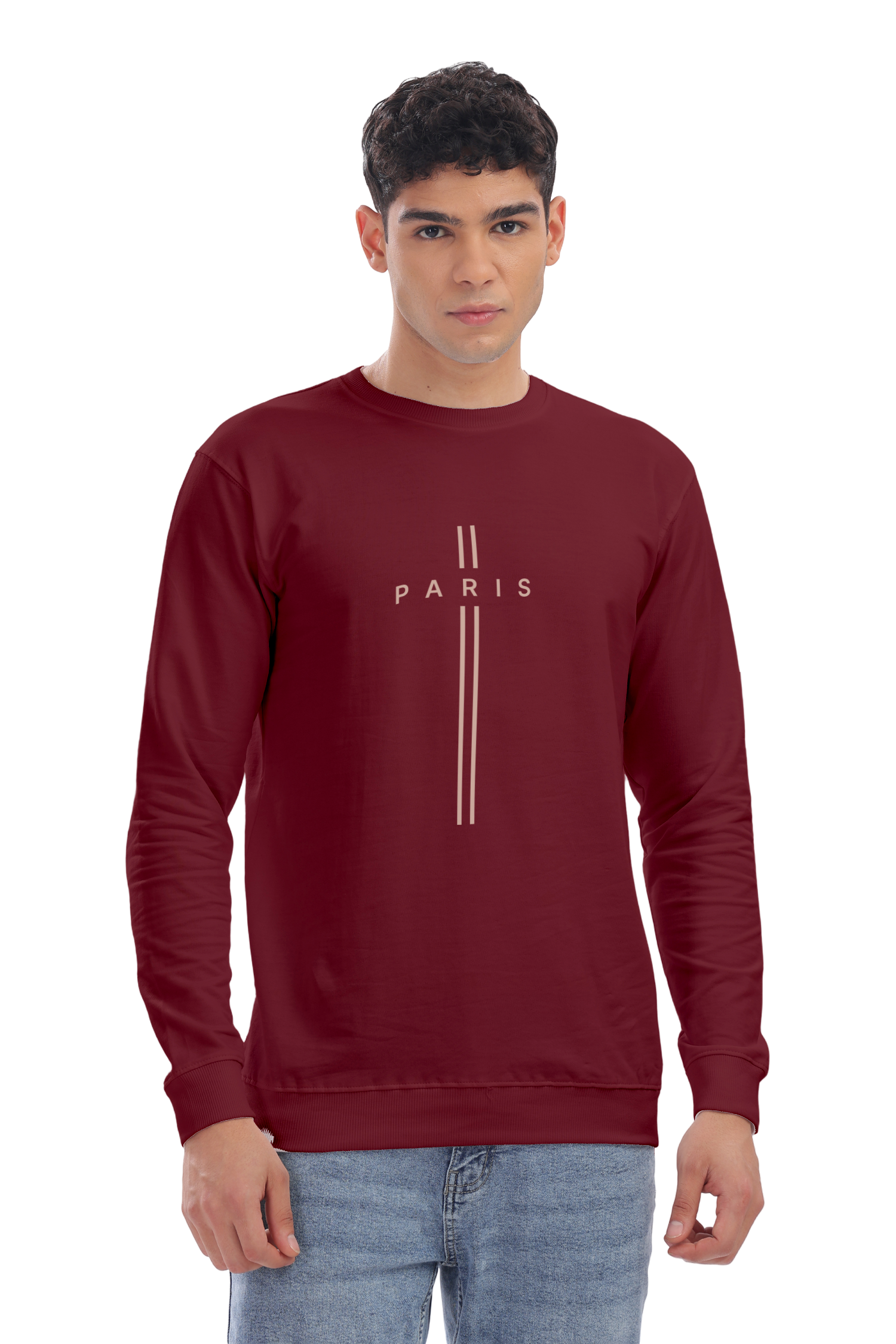 Man wearing a maroon sweatshirt with 'PARIS' print on a white background